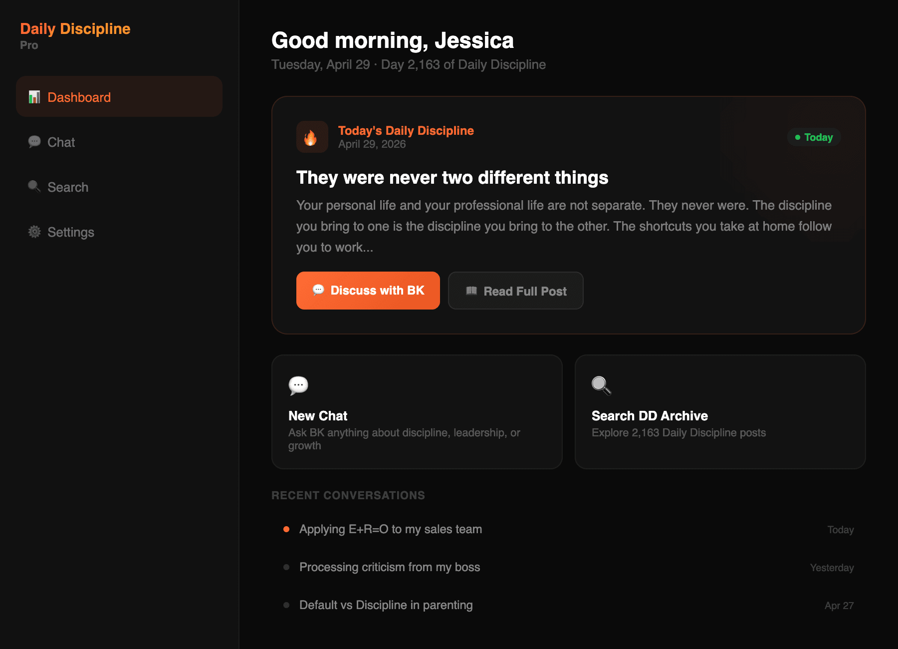 Daily Discipline Coach dashboard — today's post and conversation